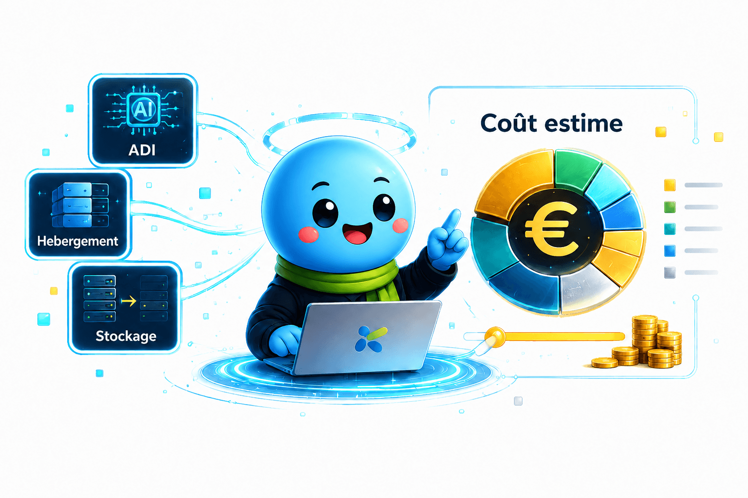 Schéma illustrant le simulateur de coûts IA : sources d'infrastructure (hébergement, stockage, ADI) reliées à une estimation de coût détaillée par poste.