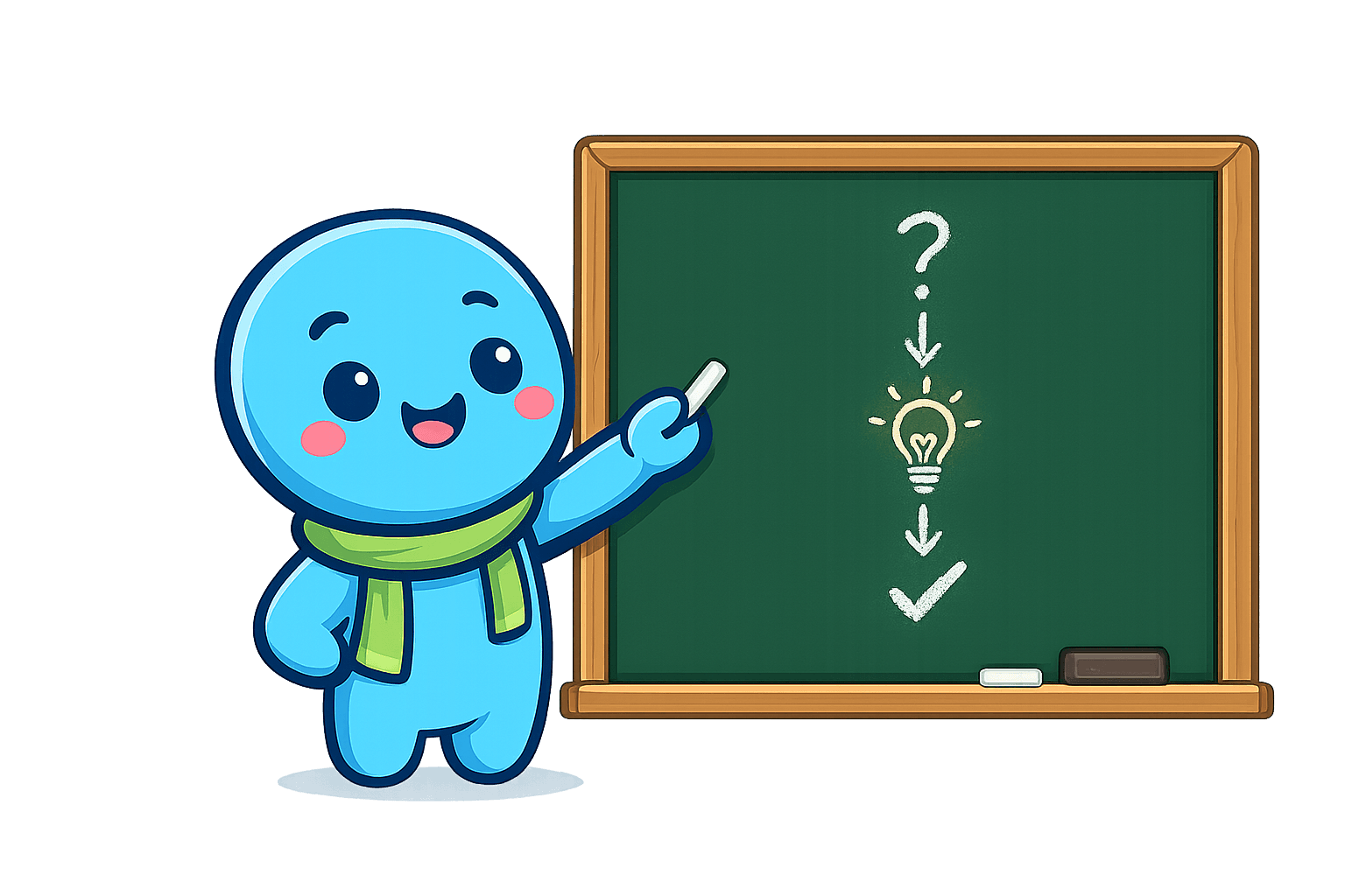 Illustration : la mascotte Koro-Sense explique une méthode de travail devant un tableau