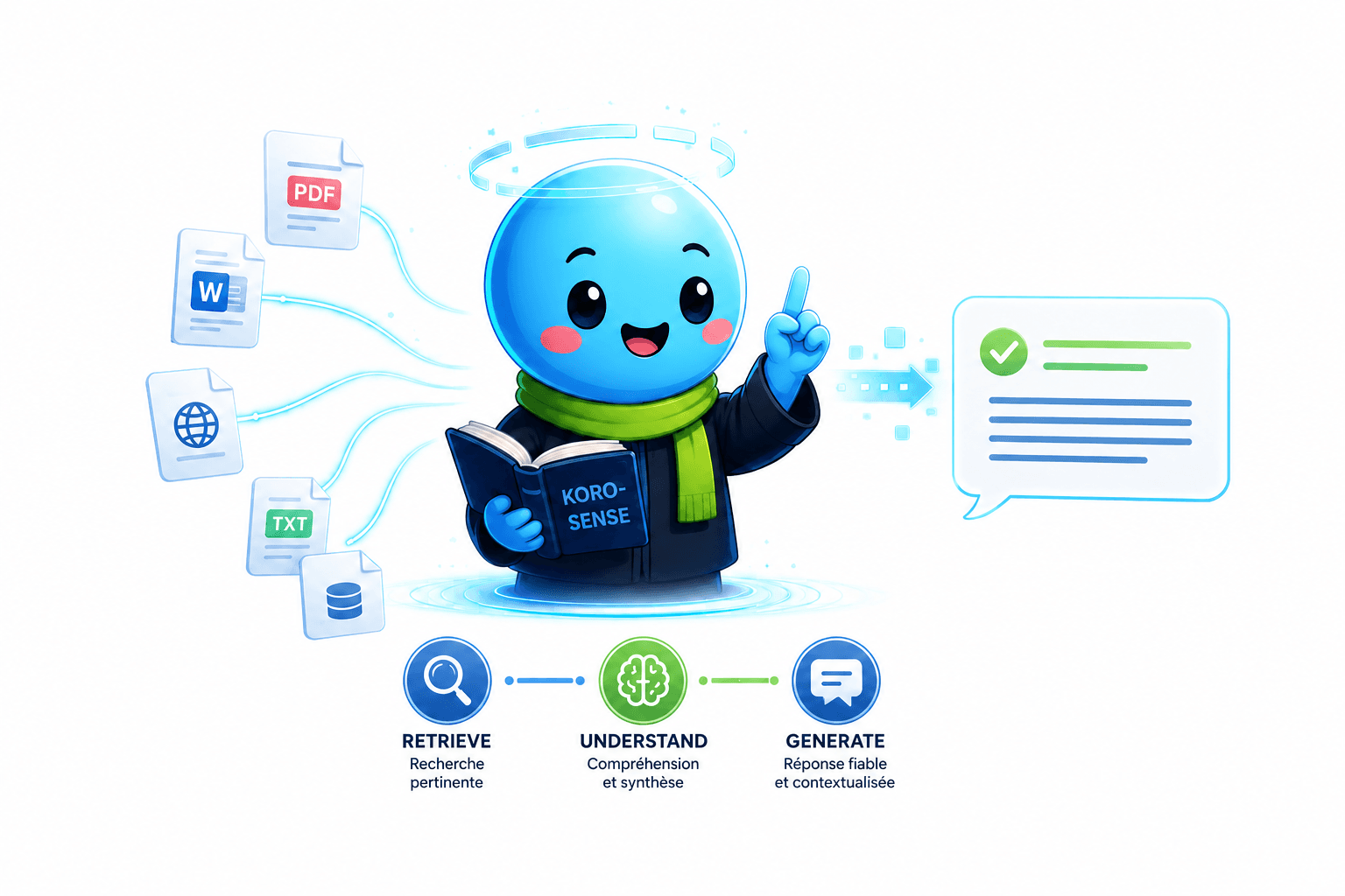 Schéma illustrant le pipeline RAG : documents PDF, Word, web et texte sont recherchés, compris puis utilisés pour générer une réponse fiable et contextualisée.